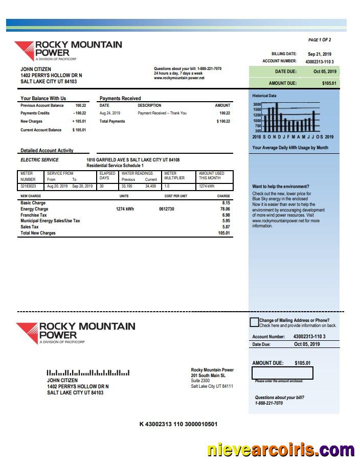 USA Utah Rocky Mountain Power electricity utility bill